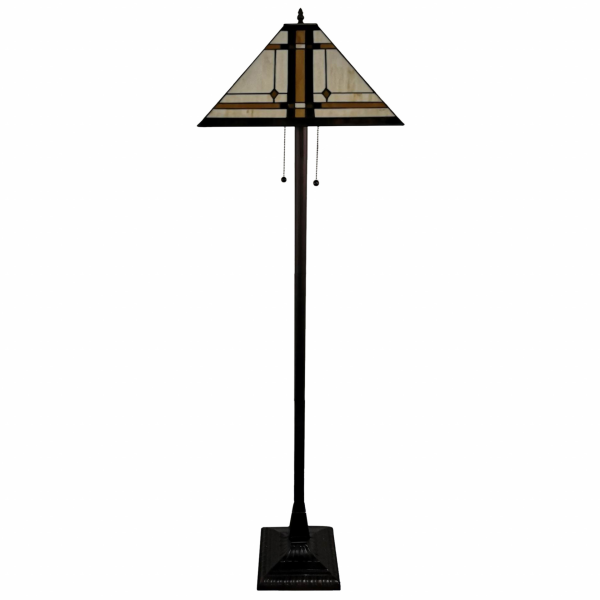 62   Brown Two Lights Traditional Shaped Floor Lamp With Brown And White Stained Glass Cone Shade  For Sale