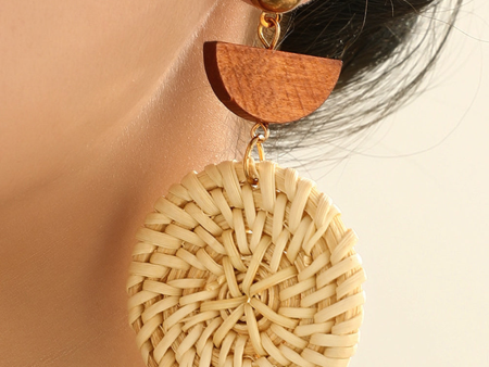 Beige Wooden Woven Disc Dangle Earrings Online Hot Sale