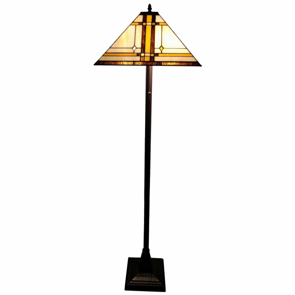 62   Brown Two Lights Traditional Shaped Floor Lamp With Brown And White Stained Glass Cone Shade  For Sale