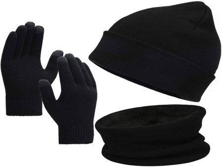 Winter Beanie Hat Scarf Touchscreen Gloves Set for Men and Women,with Warm Knit Fleece Linen (Black) For Sale