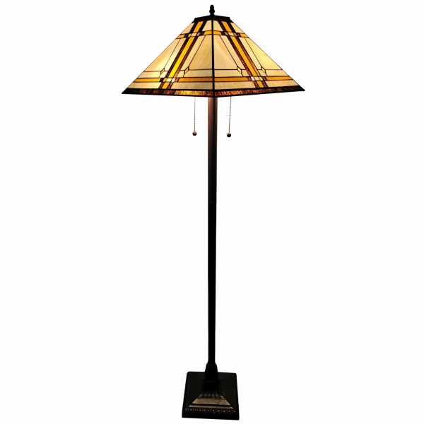 62   Brown Two Lights Traditional Shaped Floor Lamp With Brown And White Stained Glass Cone Shade  For Sale