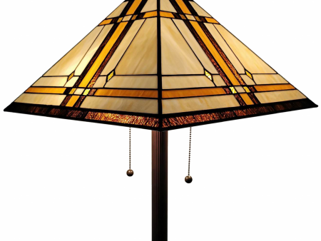 62   Brown Two Lights Traditional Shaped Floor Lamp With Brown And White Stained Glass Cone Shade  For Sale